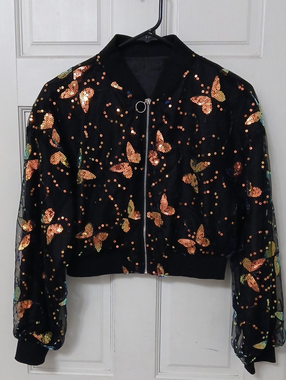 Black Sequin Butterfly Bomber Jacket - Women's Cropped Fashion Bomber